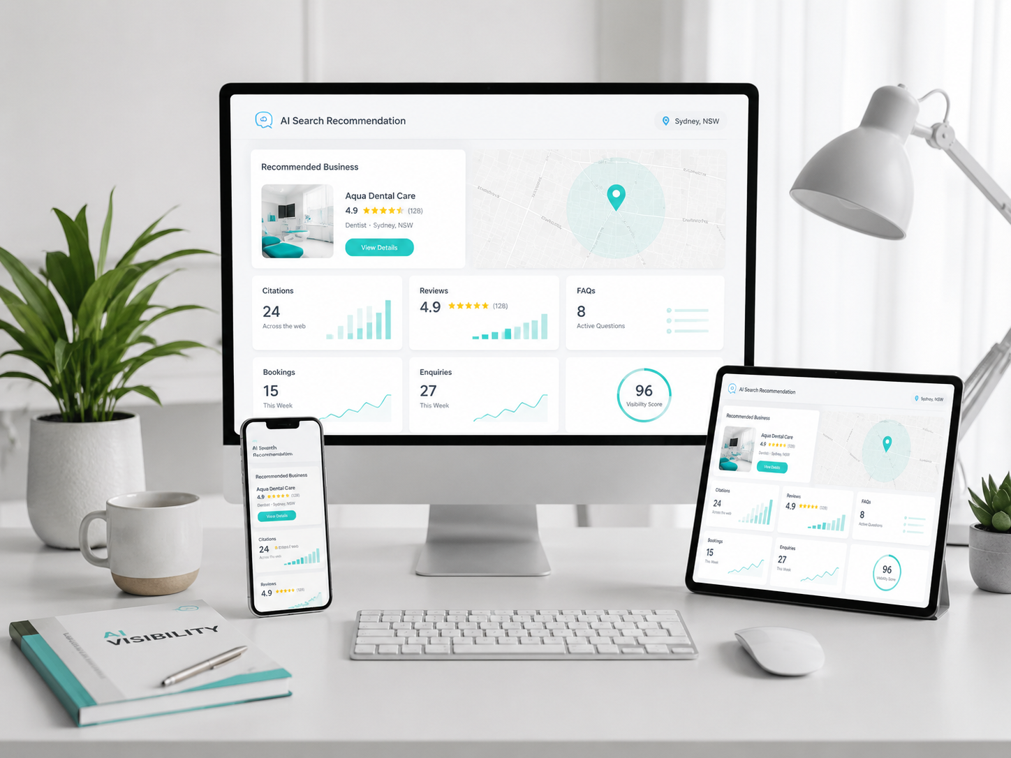 AI-search-recommendation-dashboard-showing-business-visibility-score-citations-and-reviews-generative-engine-optimisation-Sydney